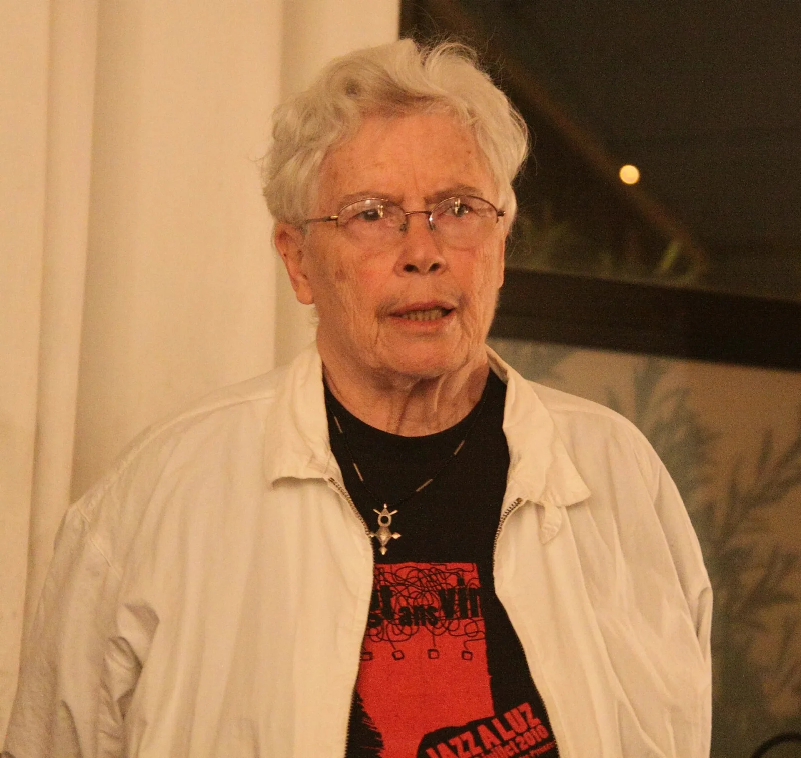 Pauline Oliveros performing with an accordion.