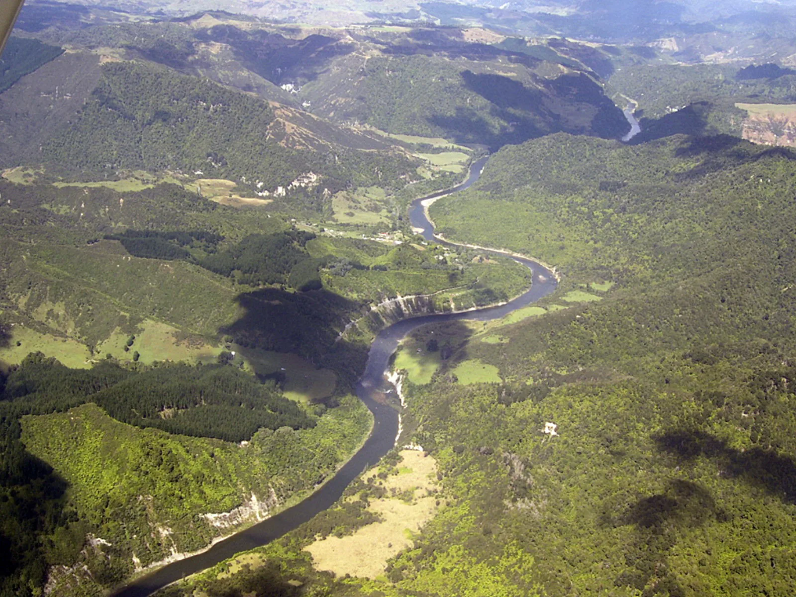 An aerial view of the Whanganui River winding through forest.